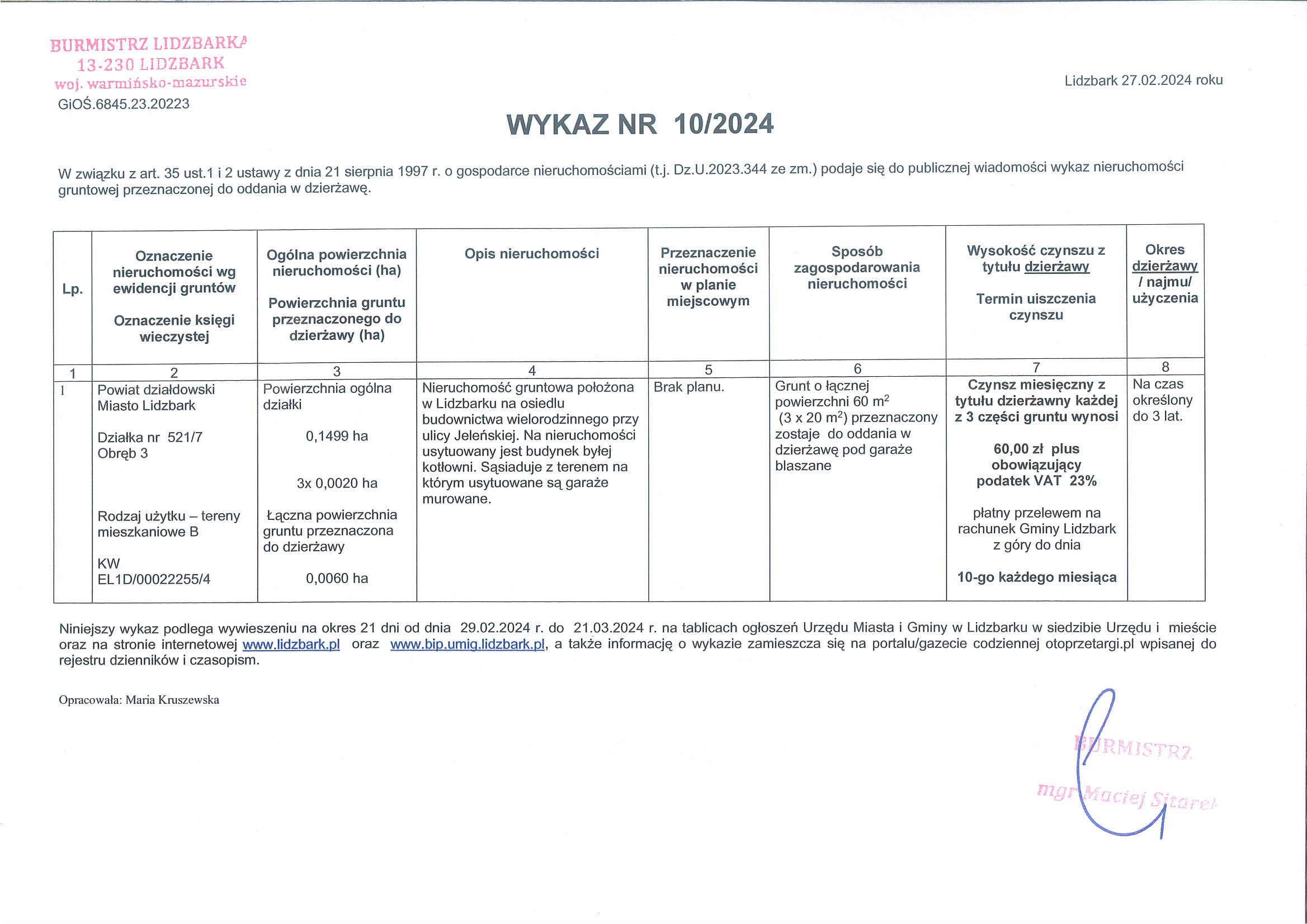 Wykaz Nr 10/2024 - Nieruchomość gruntowa do dzierżawy - Lidzbark obr. 3 dz. nr 521/7